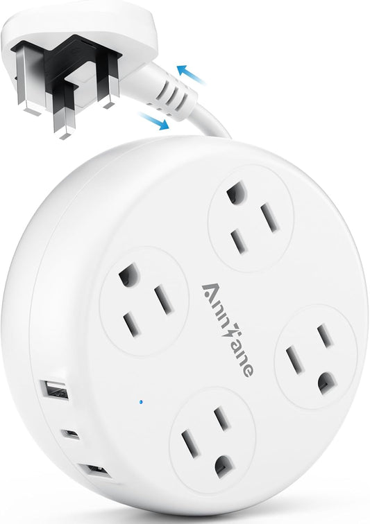 UK Travel Plug Adapter with Retractable Power Strip – 4 AC Outlets & 3 USB Ports (USB-C) | Techloop Living