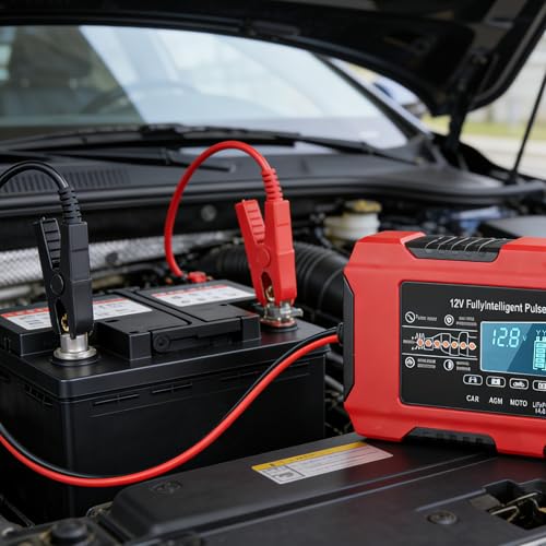 12V 10A Car Battery Charger, Smart Trickle Charger, Automotive Battery Charger with Temperature Compensation/Desulfator Maintainer for Car、Motorcycles、Lawnmowers、Trucks