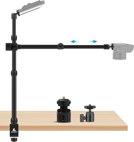 Ailight Overhead Camera Mount Desk Stand, 15.75"-33.45" Webcam Mount with 2-Section Adjustable Telescopic Boom Arm, C Clamp/Swiveling Ball Head for DSLR Camera, Ring Light, Webcam