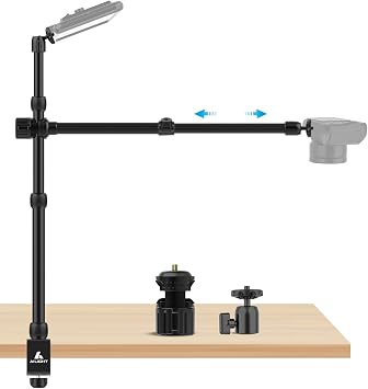 Ailight Overhead Camera Mount Desk Stand, 15.75"-33.45" Webcam Mount with 2-Section Adjustable Telescopic Boom Arm, C Clamp/Swiveling Ball Head for DSLR Camera, Ring Light, Webcam