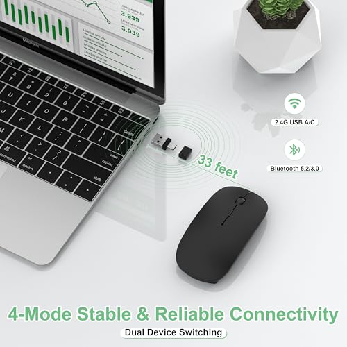 Gizdot-S1 Bluetooth Mouse for Laptop/MacBook Air/Pro & iPad, Wireless Rechargeable Mouse with Type-C, Slim Mouse Jiggler for iMac, 4 Connection Modes, Silent Click, 1600 DPI Compatible Mac OS/Windows