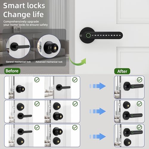 Smart Electronic Fingerprint Door Lock, Keyless Entry with Handle, Codes, APP, IC Cards, Fingerprints, Keys, for Home Bedroom Apartment (Black)