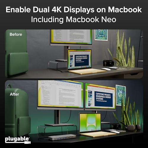 Plugable USB C Docking Station, Dual Monitor 4K 60Hz 2X HDMI or DisplayPort