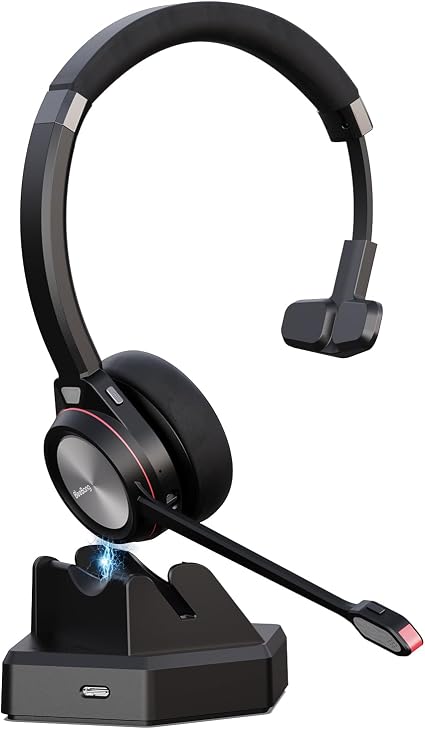 Bluetooth Headset with Microphone & Mute Button, 30 Hrs Working Time, Mono Noise Cancelling for PC Laptop Teams Zooms Work Business Meeting
