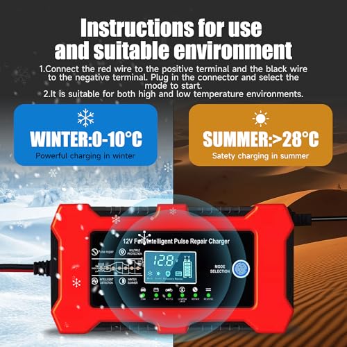 12V 10A Car Battery Charger, Smart Trickle Charger, Automotive Battery Charger with Temperature Compensation/Desulfator Maintainer for Car、Motorcycles、Lawnmowers、Trucks
