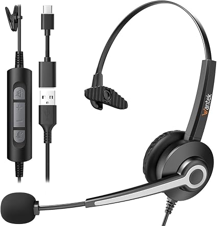 Wantek Monaural Corded USB Headsets with Noise Cancelling Mic and in-line Controls, UC Business Headset for Skype, SoftPhone, Call Center