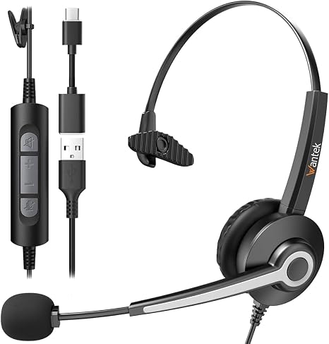 Wantek Monaural Corded USB Headsets with Noise Cancelling Mic and in-line Controls, UC Business Headset for Skype, SoftPhone, Call Center