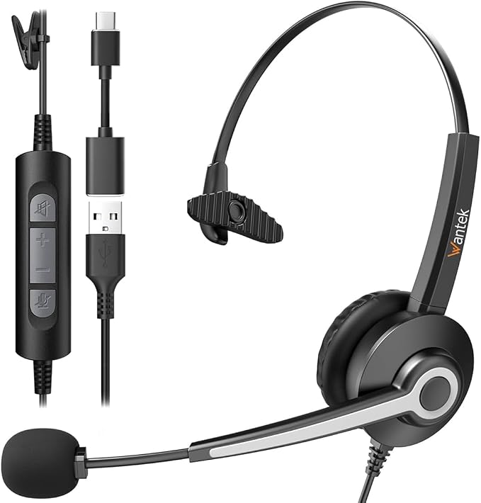 Wantek Monaural Corded USB Headsets with Noise Cancelling Mic and in-line Controls, UC Business Headset for Skype, SoftPhone, Call Center