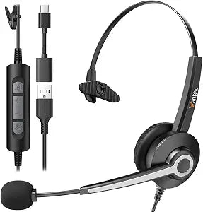 Wantek Monaural Corded USB Headsets with Noise Cancelling Mic and in-line Controls, UC Business Headset for Skype, SoftPhone, Call Center