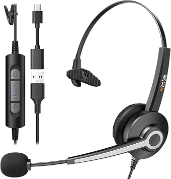 Wantek Monaural Corded USB Headsets with Noise Cancelling Mic and in-line Controls, UC Business Headset for Skype, SoftPhone, Call Center