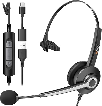 Wantek Monaural Corded USB Headsets with Noise Cancelling Mic and in-line Controls, UC Business Headset for Skype, SoftPhone, Call Center