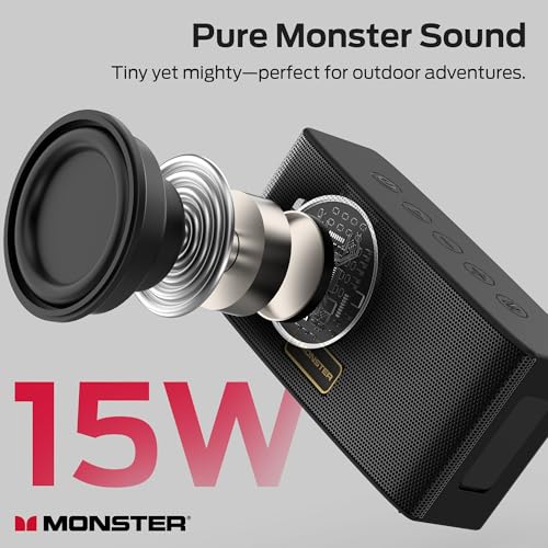 Monster Cubis Bluetooth Speaker, 15W Stereo Sound Portable Speaker, Bluetooth 6.0, 15H Battery Life, TWS Pairing, AUX/TF Card Slot, IPX7 Waterproof Wireless Speaker for Shower, Outdoor, Travel