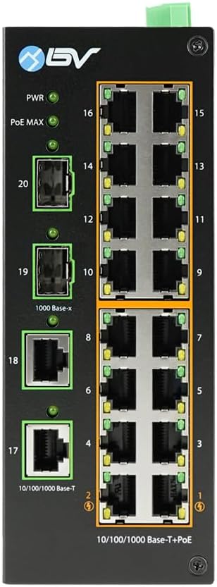 BV-Tech Industrial DIN Rail PoE Ethernet Switch - 16 Gigabit Ports, 2 SFP Uplinks, 190W PoE Budget