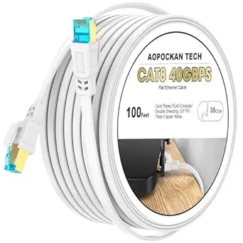 Cat 8 Ethernet Cable 100 ft, Shielded Flat RJ45 Network LAN Cable