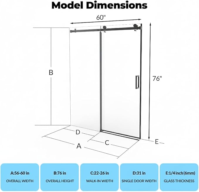 Glass Shower Door 56–60 inch W × 76 inch H,Sliding Frameless Shower Door with Square Stainless Steel Rail and 55mm Rollers,6mm Tempered Glass, Matte Black,Contemporary Shower Doors for Modern Bathroom