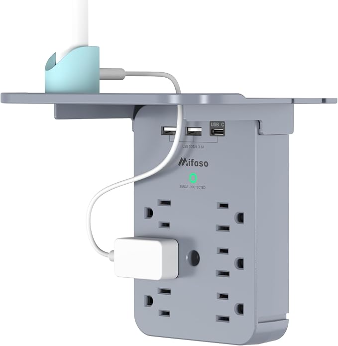 Wall Outlet Extender with Surge Protector, PD 30W USB-C Charger, 6 AC Outlets, Shelf, 2 USB & USB C Charging Ports - Home & Dorm Plug Expander (Gray)