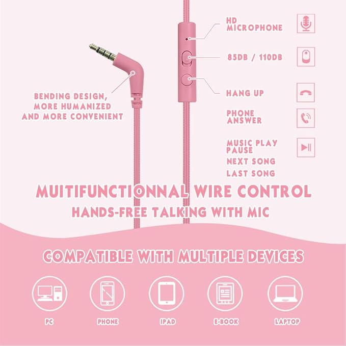 Headphone Kids Volume Limited 85/94dB Wired Over-Ear/On-Earr Foldable Headset with Inline Cable Aux 3.5mm Cord Mic for Toddler Boy Girl Child Back to School Study Pad Tablet Pink