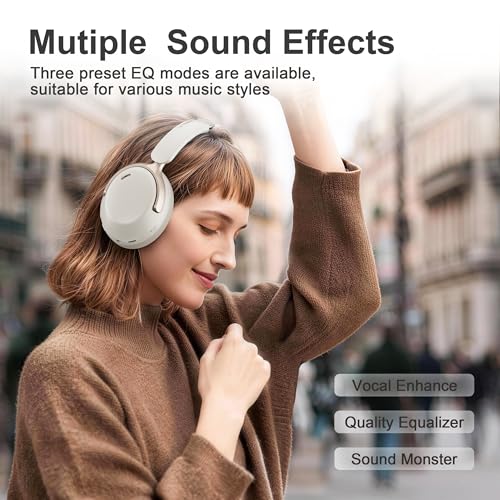 LORELEI Q30 Bluetooth Headphones Over Ear,60H Playtime & 3 EQ Music Modes,BT6.0 Headphones Wireless with Mic,Foldable Lightweight Headsets,HiFi Stereo Deep Bass for Home Travel iPad Tablet-Beige White