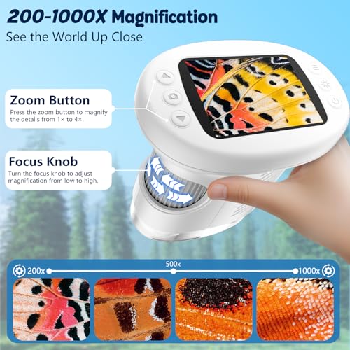 Odatay 2.4" 4K 1000X Digital Kids Microscope with 32G Card 12 Slides, White