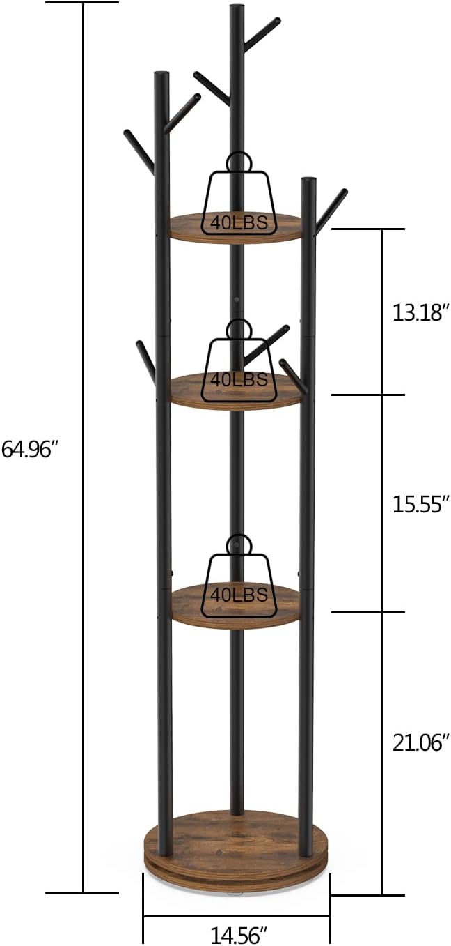 Rotary Coat Rack Freestanding Metal Coat Hall Tree Stand with 4 Tiers Storage Display Shelf and 9 Hooks for Entryway Bedroom Corner Office Garment Clothes Holder (Brown)