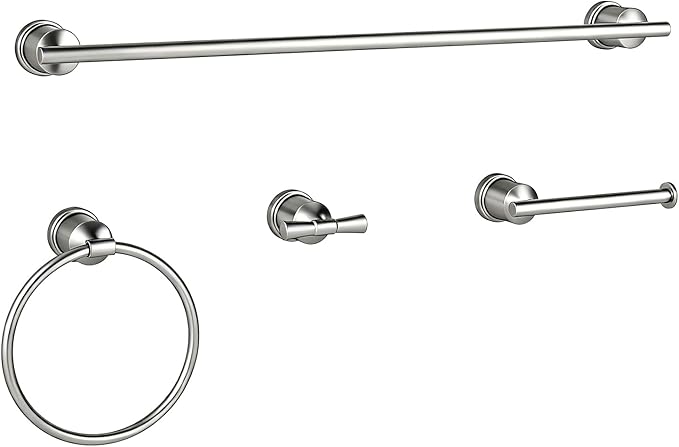 YUMORE Brushed Stainless Steel Bathroom Hardware Set, 4-Pieces Wall Mounted Bath Accessories Kit with Towel Bar, Towel Ring, Toilet Paper Holder & Robe Hooks, Modern Durable Design