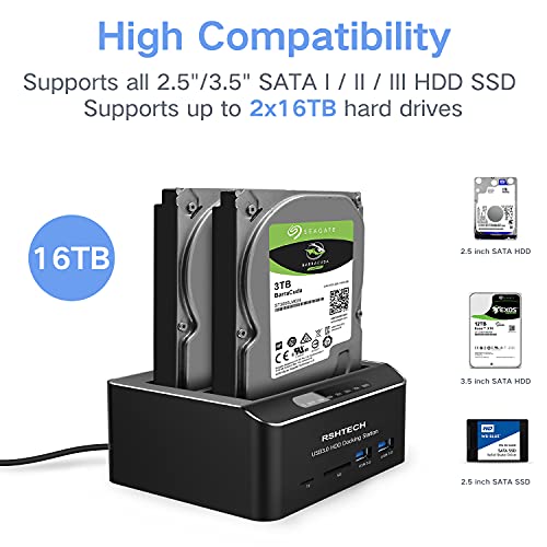 RSHTECH Hard Drive Docking Station, Aluminum Dual Bay SATA Dock, RSH-DS02