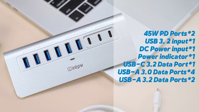 intpw Powered USB Hub 10Gbps, 9-Port USB 3.2/USB C Hub, 65W Power Adapter - Image 8