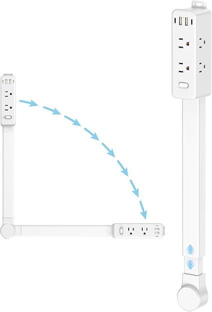 Olcorife Outlet Extender Stick, Power Strip with 6 Outlets & 4 USB Ports, Extends 22"-34", Rotates 180°(90° per Side), Home Dorm Essential for Nightstand, Couch and Desk
