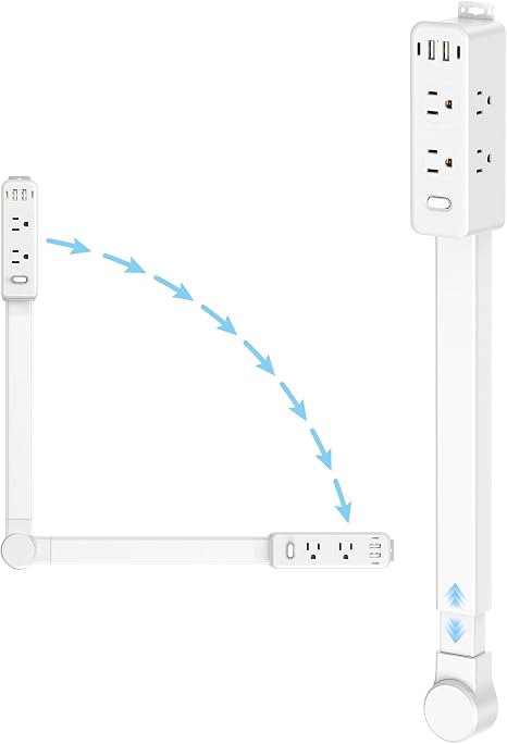 Olcorife Outlet Extender Stick, Power Strip with 6 Outlets & 4 USB Ports, Extends 22"-34", Rotates 180°(90° per Side), Home Dorm Essential for Nightstand, Couch and Desk