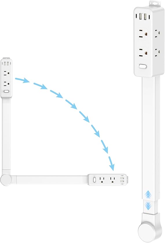 Olcorife Outlet Extender Stick, Power Strip with 6 Outlets & 4 USB Ports, Extends 22"-34", Rotates 180°(90° per Side), Home Dorm Essential for Nightstand, Couch and Desk
