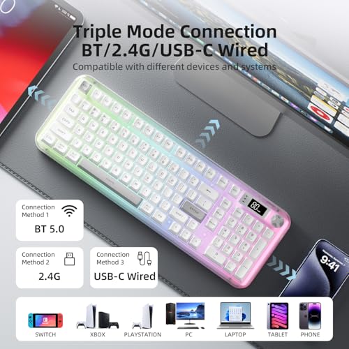 AUSDOM K98pro Wireless Silent Creamy Keyboard, Tri-Mode BT/2.4G/USB-C Computer Keyboard with Number Pad, RGB Backlit Media Knob Keyboard, White - Image 6