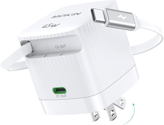 USB-C Charger Block, 45W GaN 2 Port Fast Charging w/Built-in Retractable C Cable & Foldable Plug, PD/PPS for iPhone 16Pro Max/16/Pixel 9 pro/Galaxy/iPad/MacBook (White)