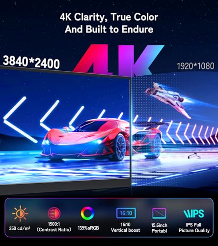 15.6" 4K UHD Portable External Monitor, 3840×2400 IPS Screen 100% NTSC Wide Color Gamut, Full-Featured USB-C Mini HDMI Built-in Speakers External Display for MacBook Laptop Mobile Phone