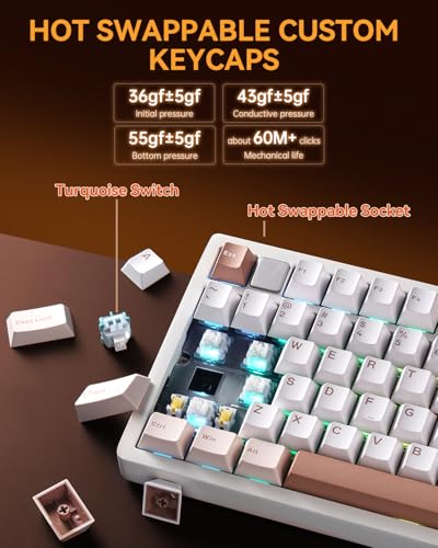 LEOBOG x AULA HI75C Pro PC Gaming Aluminum Alloy Keyboard,Bluetooth/USB-C/Wireless Tri-Modes Mechanical Keyboards,Hot Swappable Brown Creamy Keyboard with Turquoise Switch for Windows/Mac/Tablet Gamer