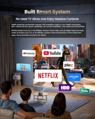 Smart Mini Projector with WiFi and Bluetooth【Compatible with Netflix/Portable/4K Supported】Dolby Audio,Auto Keystone & Electric Focus Outdoor Movie Projectors,WiMiUS Native 1080P HD Proyector