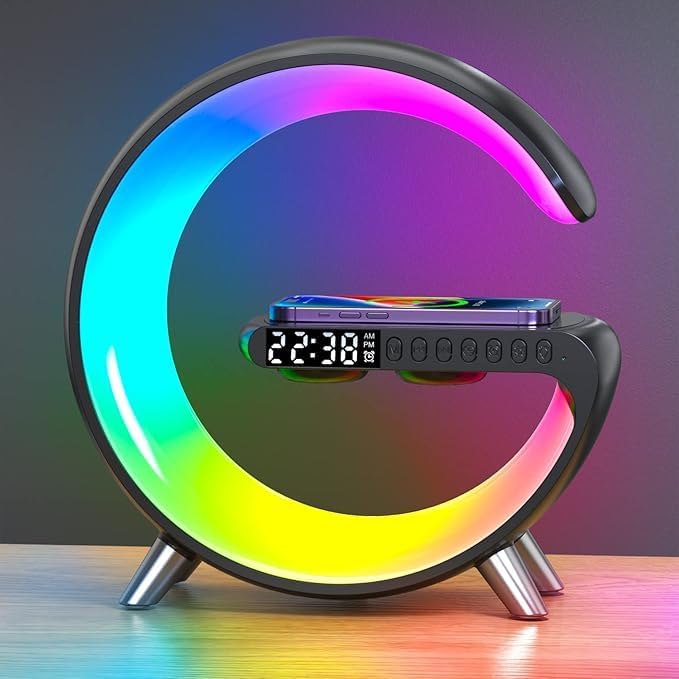 Smart LED Table Lamp,4-in-1 Wireless Charger with Speaker,Night Light, Alarm Clock, and Bluetooth Speaker with App Control for Bedroom and Home Decor (Black, Large)
