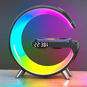Smart LED Table Lamp,4-in-1 Wireless Charger with Speaker,Night Light, Alarm Clock, and Bluetooth Speaker with App Control for Bedroom and Home Decor (Black, Large)