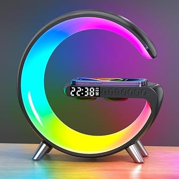 Smart LED Table Lamp,4-in-1 Wireless Charger with Speaker,Night Light, Alarm Clock, and Bluetooth Speaker with App Control for Bedroom and Home Decor (Black, Large)