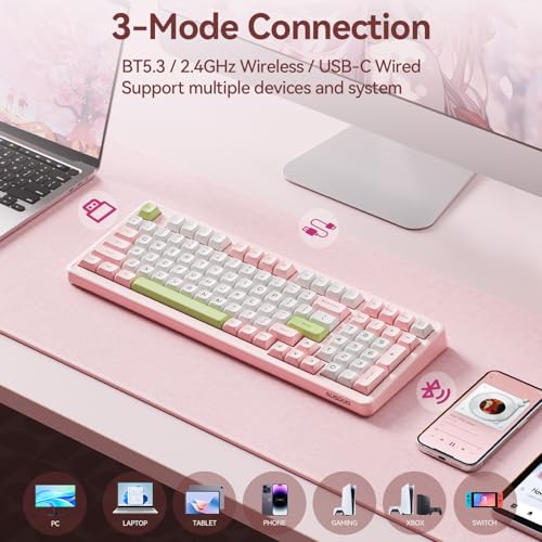 AUSDOM H98 Pink Creamy Mechanical Keyboard, 96% Silent Quiet Wireless Keyboard with Number Pad, Hot Swappable Gaming Keyboard 2.4G/BT/USB-C with RGB Backlit, 8000mAh Battery, 98 Keys for Mac/Win - Image 6