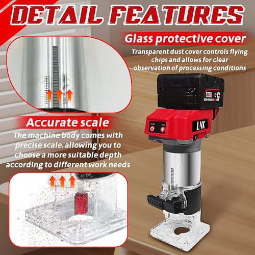 800W Cordless Wood Router Compatible With Milwaukee 18V Battery,30000RPM Brushless Motor Router Attach 12PCS 1/4" Router Bits,6 Speeds (NO Battery)
