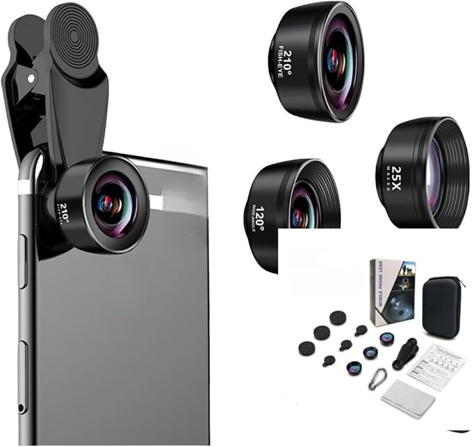 3-in-1 Phone Camera Lens Kit ??210° Fisheye Lens, 120° Wide Angle Lens, 20X Macro Lens for iPhone, Samsung & Android Smartphones ??HD Optical Glass, Universal Clip, Portable Case (Black) (3 in 1)