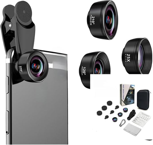 3-in-1 Phone Camera Lens Kit ??210° Fisheye Lens, 120° Wide Angle Lens, 20X Macro Lens for iPhone, Samsung & Android Smartphones ??HD Optical Glass, Universal Clip, Portable Case (Black) (3 in 1)