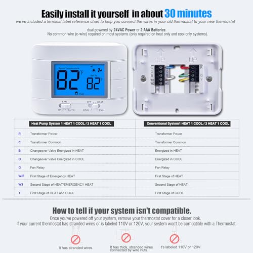 Thermostat Non Programmable Heat Pump Thermostat for House 2H/1C, with Large LCD Display of Room Temperature and Humidity