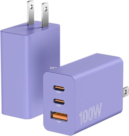 2Pack 100W USB C Charger Block, 3Port Fast Charging Adapter, Type C Fast Charging Blocks Cube PD USBC Wall Plug+QC3.0 USB A Charger Brick for MacBook Pro/Air,iPad,iPhone 17/16,Samsung S25 &More-Purple