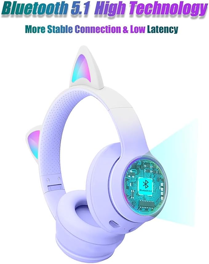 Cat Ear Gaming Bluetooth 5.3 Wireless Foldable Headphones with LED Light, Game Surround Sound Over-Ear Headsets with Microphone AUX for PC, Pad, Mobile, Laptop, Kids, Gift