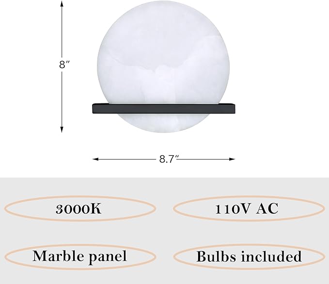 2 Pack 1 Light 8" Round Natural Alabaster Bathroom Wall Sconce Modern Concise Style Wall Light Fixture,Black Finish for Bedroom Hallway Bedside Living Room