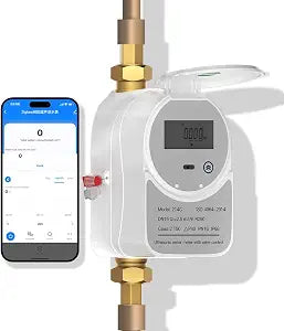 Zigbee Smart Water Meter with Shutoff Valve & LCD Display 214C - Works with Tuya Smart & Home Assistant, Battery-Powered, Remote Flow Monitoring, Zigbee Hub Required (3/4 inch, DN20)