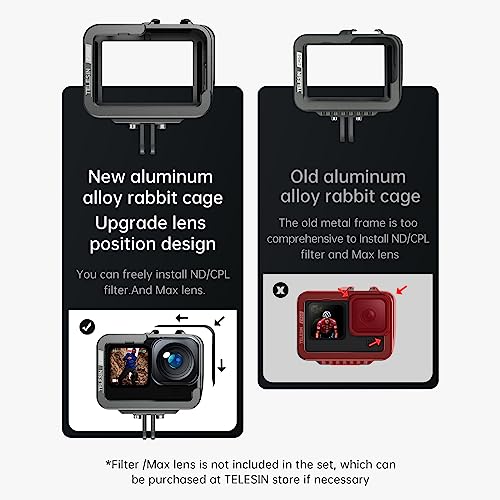 TELESIN Aluminum Case Metal Cage Protective Frame Housing for GoPro Hero 13 12 11 10 9, Fits for Go Pro When ND CPL Lens Filter Max Lens Mount on, with Cold Shoe Connect to Video Light Microphone