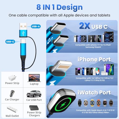 Multi Charging Cable for iPhone iWatch Charger with Dual Type-C Ports, 5FT - Image 4