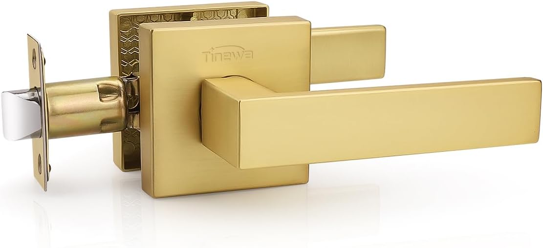1 Pack Gold Keyless Square Levers Handles, Satin Brass Finish, Interior Passage Door Locksets for Hall Closet Door Knobs Lock Reversible Right & Left Handed